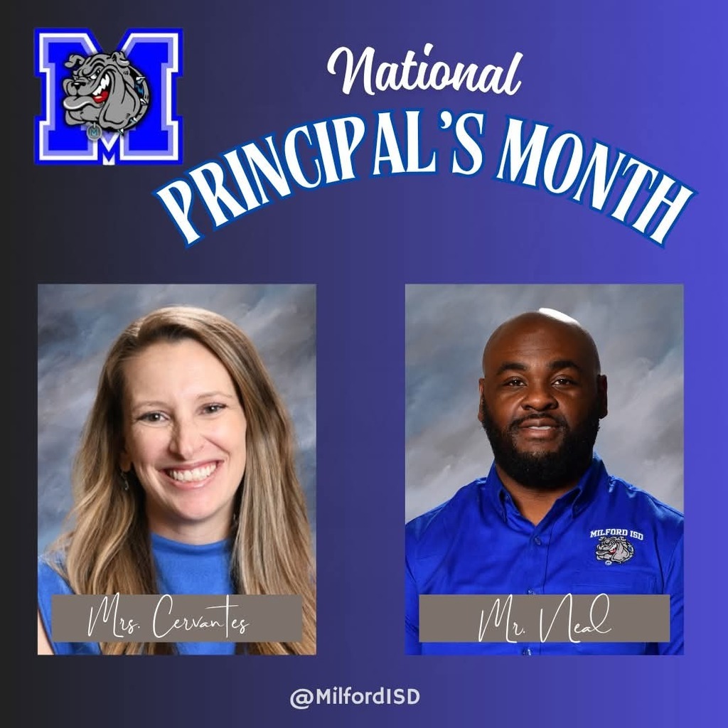 🍎✨ October is National Principals Month! ✨🍎
We are proud to celebrate Mrs. Cervantes, our Elementary Principal, and Mr. Neal, our Secondary Principal.
Thank you both for your leadership, dedication, and the countless ways you support our students, staff, and community each day. 💙🐾
Your impact reaches far beyond the classroom, and we are grateful for the example you set and the heart you pour into Milford ISD.
#NationalPrincipalsMonth #BulldogWay #MilfordPride