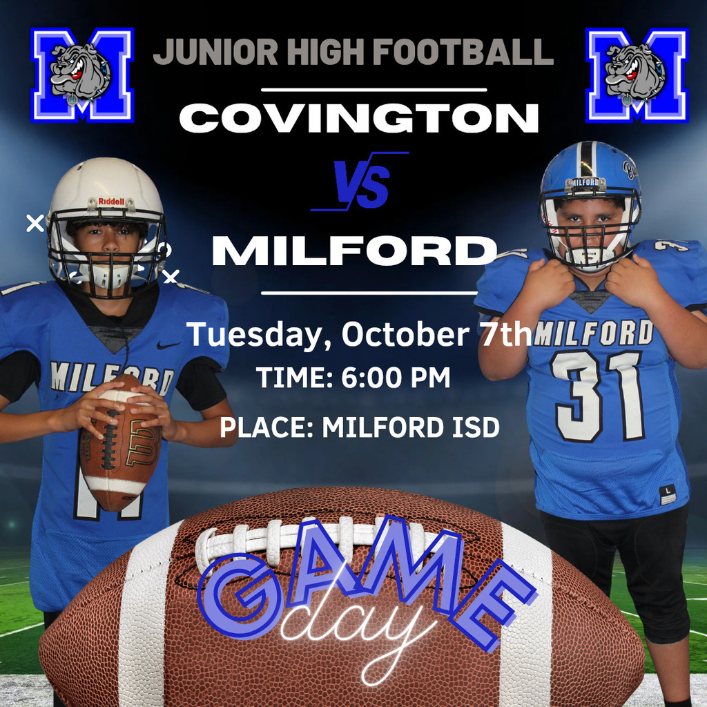 🏈 Junior High Football Game Day! 🏈
📍 Home
vs. JCSA
🕕 Kickoff at 6:00 PM (Varsity to follow)
💙 Come out and support your Bulldogs under the lights! 💙
#MILFORDBULLDOGS