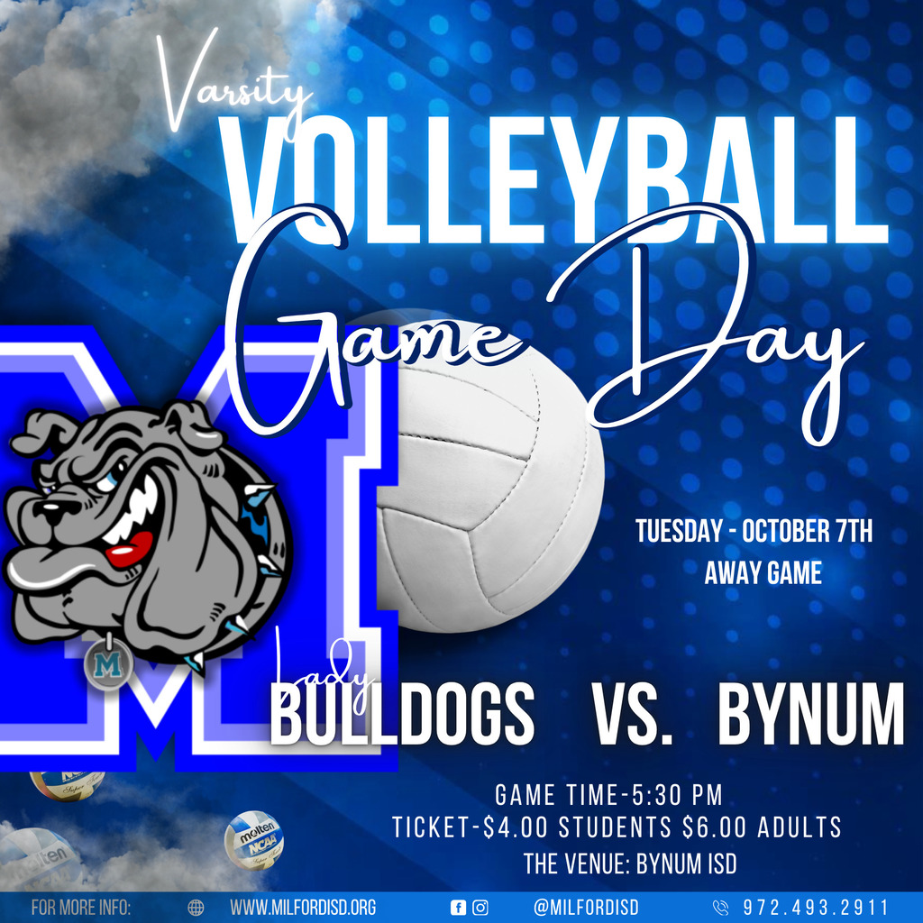 Varsity Volleyball Away vs. Penelople
Tonight • JV @ 5 Varsity @ 6 PM
Pack the stands and bring the noise! Let’s defend our court the Bulldog way! 🐾
#MilfordBulldogs