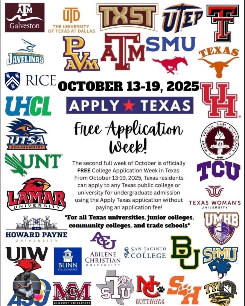 🎓 Attention Seniors!
It’s Free Application Week in Texas!
📅 October 13th–19th
All Texas colleges and universities are waiving application fees during this week — that means it’s FREE to apply!
Don’t miss this opportunity to get those college applications submitted! 💙🤍
#TexasCollegeAppWeek #SeniorStrong #BulldogWay #ClassOf2025