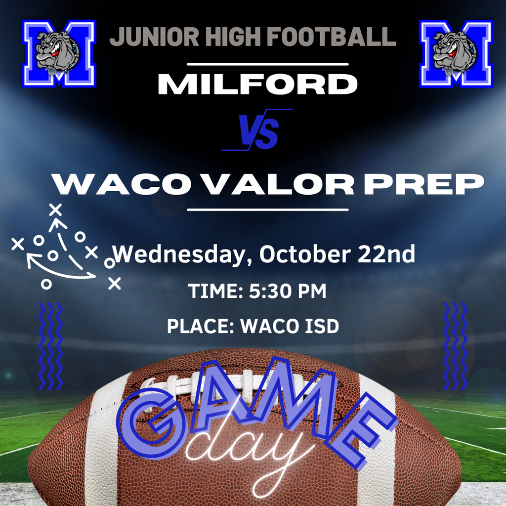 📣 Schedule Update | Junior High Football The JH game has been moved to today due to several teams moving their Friday games to Thursday to beat the weekend weather. 🏈 Game Info: 📍 Location: Doris Miller Community Center 📫 Address: 1020 Elm Ave, Waco, TX 76704 🕠 Kickoff: 5:30 PM 💵 Gate: $5 Adults / $3 Students Let’s go Bulldogs! 💙🐾 #TheBulldogWay #MilfordOnTheMove