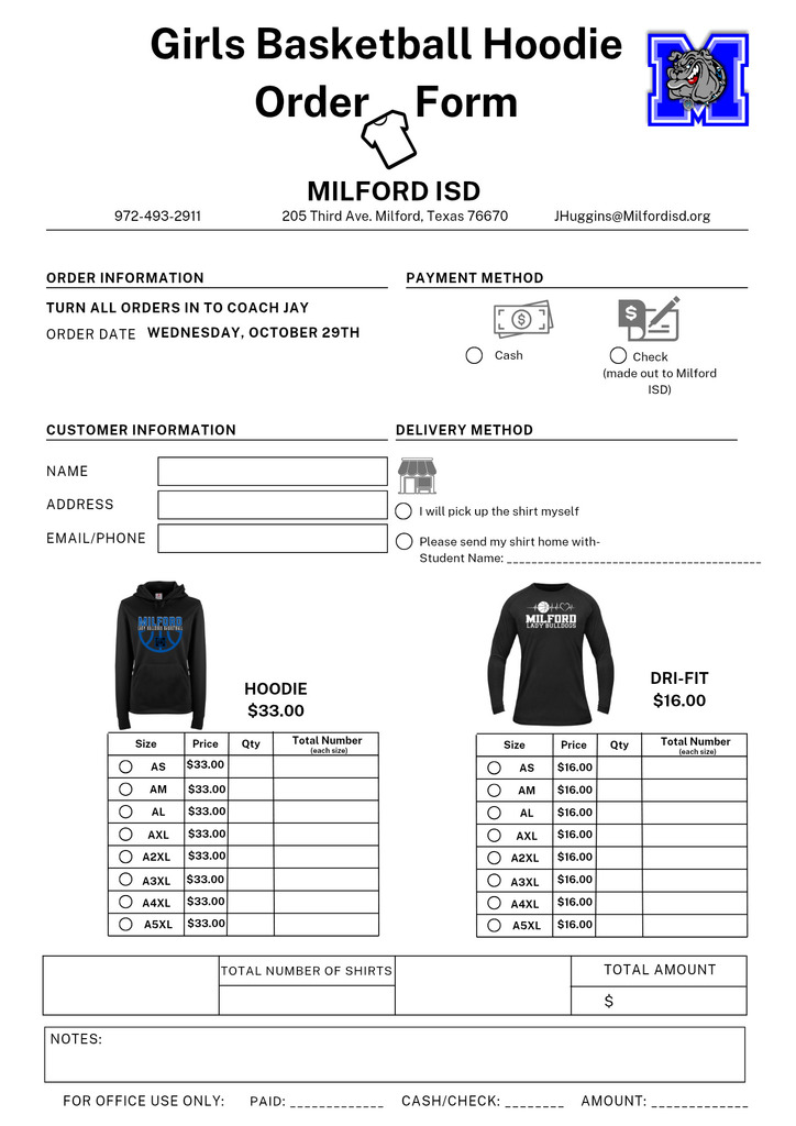 🏀 Girls Basketball Season is Almost Here! 💙
If you want to show your Bulldog spirit with matching gear, now’s your chance!
👕 Dri-Fit Long Sleeve Shirts: $16
🧥 Hoodies: $33
📅 Last Day to Order: Wednesday, October 29th
📍 Turn in orders to Coach Jay
Let’s get ready to hit the court in style — Go Lady Bulldogs! 🐾💙