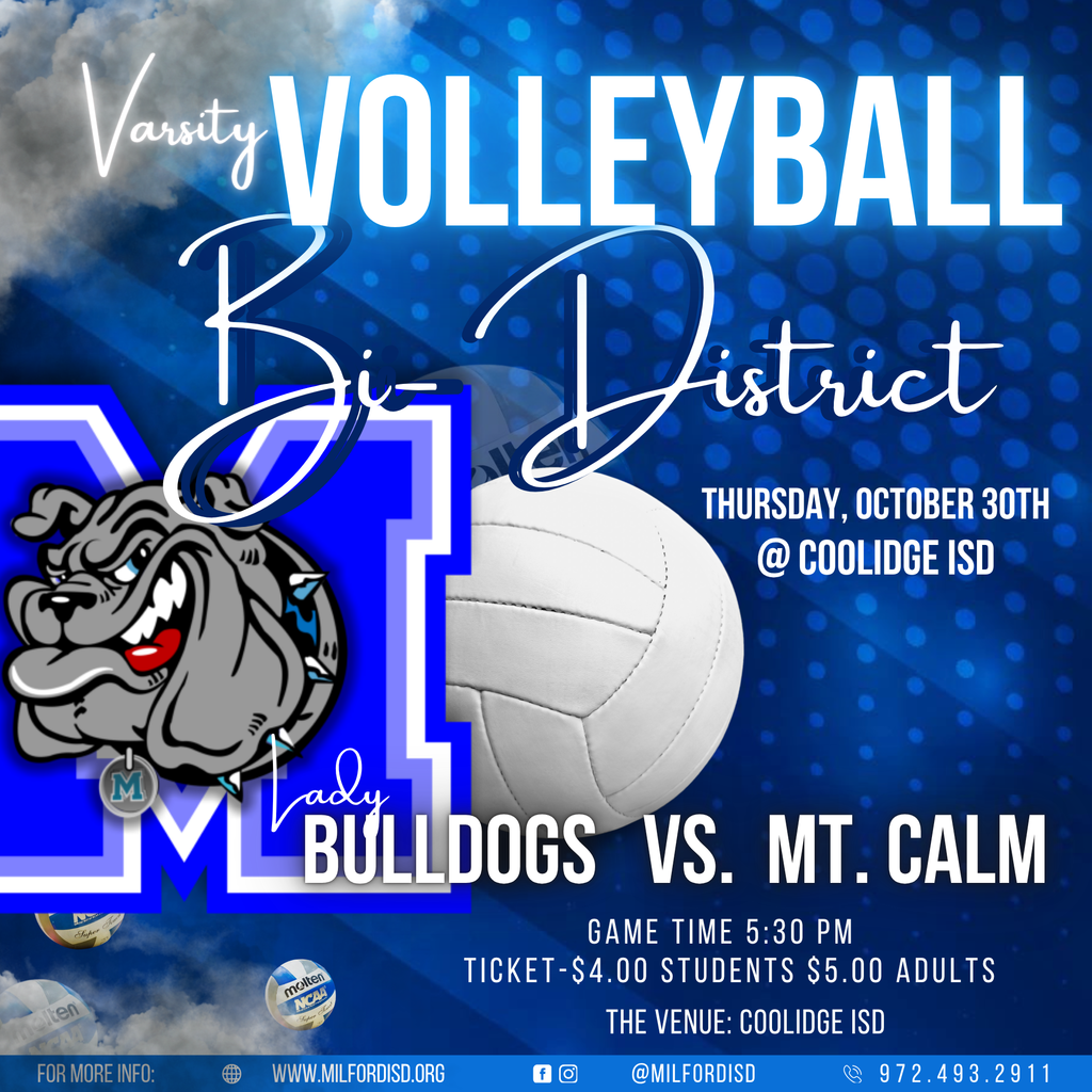🔥 IT’S OFFICIAL, BULLDOG FANS! 🔥  Our Varsity Volleyball girls are headed to the Bi-District Playoffs! 💙🐾🏐  📍 Location: Coolidge ⚔️ Match-Up: Milford vs. Mt. Calm 🕠 Time: 5:30 PM 🎽 We are the VISITORS!  Let’s PACK THE GYM and make it LOUD, Bulldog Nation! 💥 Bring your blue, your pride, and your voices — it’s time to show everyone how Milford does Playoff Volleyball! 💪  #TheBulldogWay #MilfordOnTheMove
