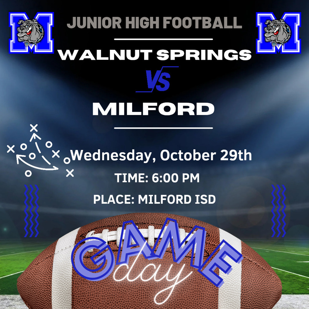 Game Day | Junior High Football
🏈 Game Info: Home Game!
📍 Location: Milford ISD
🕠 Kickoff: 6:00 PM
Let’s go Bulldogs! 💙🐾 #TheBulldogWay #MilfordOnTheMove