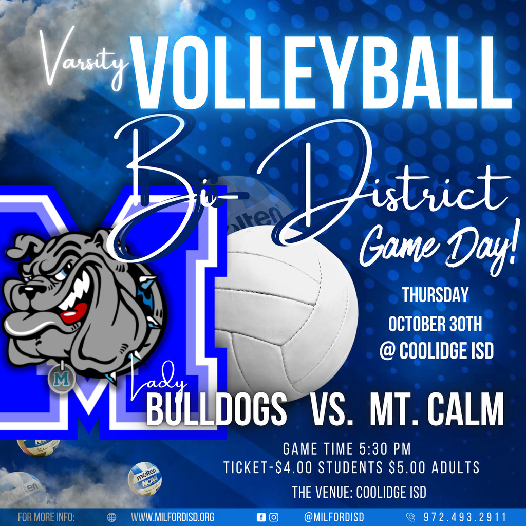 🔥 BI-DISTRICT CHAMPIONSHIP TIME! 🔥
Our Lady Bulldogs are headed to Coolidge to take on Mt. Calm!
📅 Thursday, October 30th
⏰ 5:30 PM
📍 Coolidge Gym
🎟 Adults $5 | Students $4
We’re the Visitors, but we’re bringing the Bulldog Pride! 💙🐾
Let’s pack the stands and be loud, Bulldog Nation! #MilfordBulldogs #Playoffs #BulldogPride