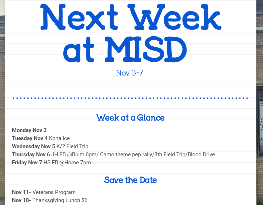 Image of the calendar for 11-3 at Milford ISD