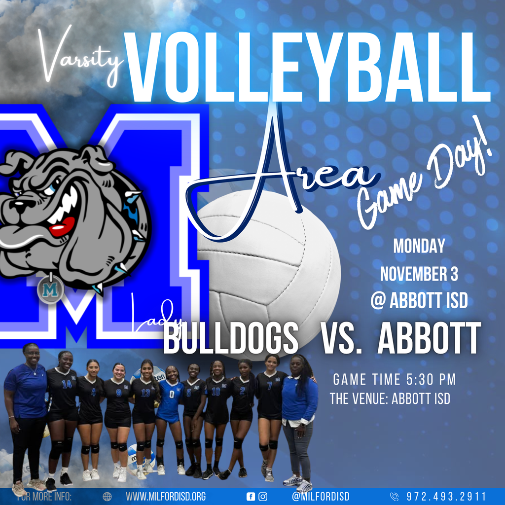🔥 AREA CHAMPIONSHIP TIME! 🔥 Our Lady Bulldogs are headed to Abbott to take on the Panthers! 📅 Monday, November 3 ⏰ 5:30 PM 📍 Abbott ISD 🎟 Adults $5 | Students $4 We’re bringing the Bulldog Pride! 💙🐾 Let’s pack the stands and be loud, Bulldog Nation! #MilfordBulldogs