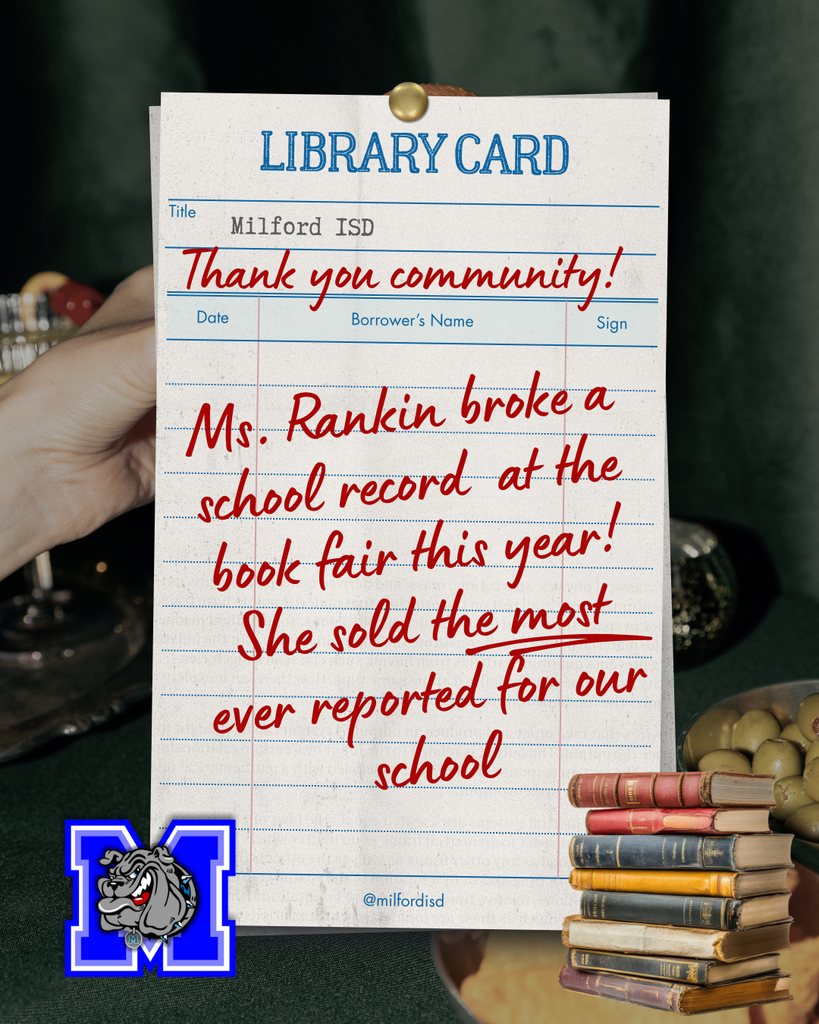 📚 Shoutout to Ms. Rankin! 👏 We want to take a moment to recognize an outstanding asset and employee here at Milford ISD — Ms. Anissa Rankin! Ms. Rankin did an incredible job planning and promoting our recent Scholastic Book Fair, which turned out to be a record-breaking success! 💥 The fair grossed $3,000 in sales — nearly double what has been achieved in previous years! She partnered with NHS students, giving them the opportunity to earn community service hours while helping make the event run smoothly. Parental and community support was amazing as well — thank you all for helping make it possible! ❤️ Because of everyone’s hard work, our campus earned 40% profit in Scholastic Dollars and generated countless reading minutes for our students. That’s what we call bringing the #BookJoy to Milford ISD! 📖✨