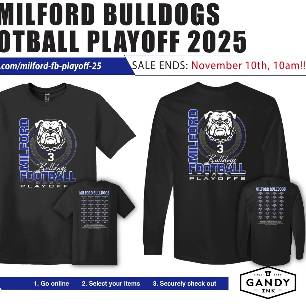 🚨 LAST CALL, BULLDOGS! 🚨
One. Last. Chance. 👕💙
Football Playoff Shirts — long sleeve or short sleeve — are almost gone!
💻 Online orders close at 10AM TOMORROW
📝 Paper orders accepted in the front office until 9AM
Don’t be the only one without your playoff gear when the lights come on Friday night! #TheBulldogWay #FN5GL #MilfordOnTheMove