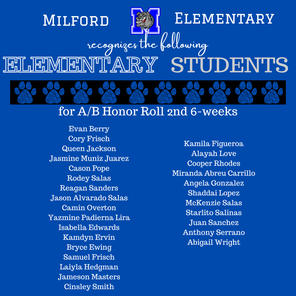 Bulldog Excellence on display! Congratulations to all our Elementary students who achieved A & A/B Honor Roll for the 1st 6 weeks.  We’re so proud of your effort, dedication, and success! 💙🐾