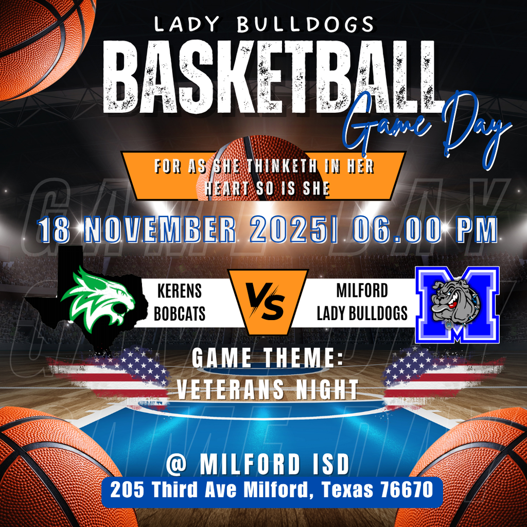 🏀 Varsity Lady Bulldogs HOME OPENER! 🏀 Tonight at 6:00 PM vs. Kerens Bobcats  🎖️ Game Theme: Veterans Night 🇺🇸 Honoring our heroes — thank you for your service. Wear red, white & blue or any military attire to show your support!  Let’s pack the stands and cheer loud for our Lady Bulldogs! 💙🐾🔥