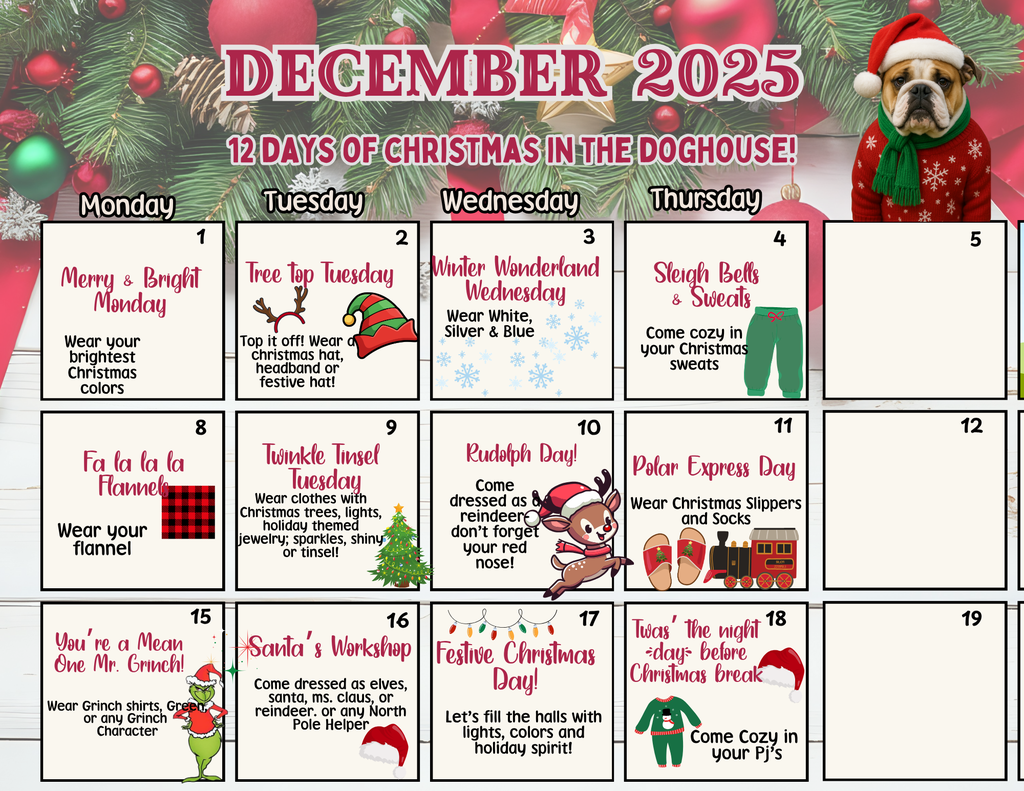 The countdown to Christmas starts when we return! Join us for our 12 Days of Christmas from the Doghouse — 12 days of fun, festive, Bulldog-style holiday spirit! 🎄💙✨