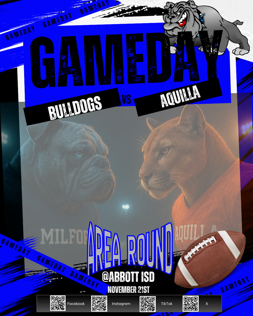 AREA ROUND PLAYOFF GAME 🔵🐾  📍 Abbott 🆚️ Aquilla ⏰ 7:00 PM 📣 We are the VISITORS  🎟 Admission: • Adults — $7.00 • Students — $4.00  Let’s show up LOUD, PROUD, and ready to cheer on our Bulldogs! 💙🔥  & dont forget the SEND-OFF TODAY @ 3:40! Let’s get loud and pump our boys up before they hit the road! 💙💪