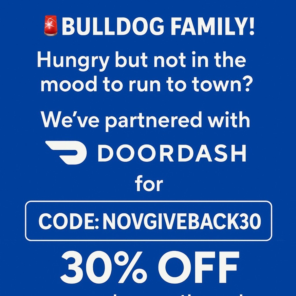 Dinner plans? Consider them HANDLED. 😎
Skip the cooking and let your favorites come straight to your door!

Use CODE: NOVGIVEBACK30 for 30% OFF anytime between now and Nov 30th.
Because Bulldogs deserve delicious convenience. 🐾🍕✨
