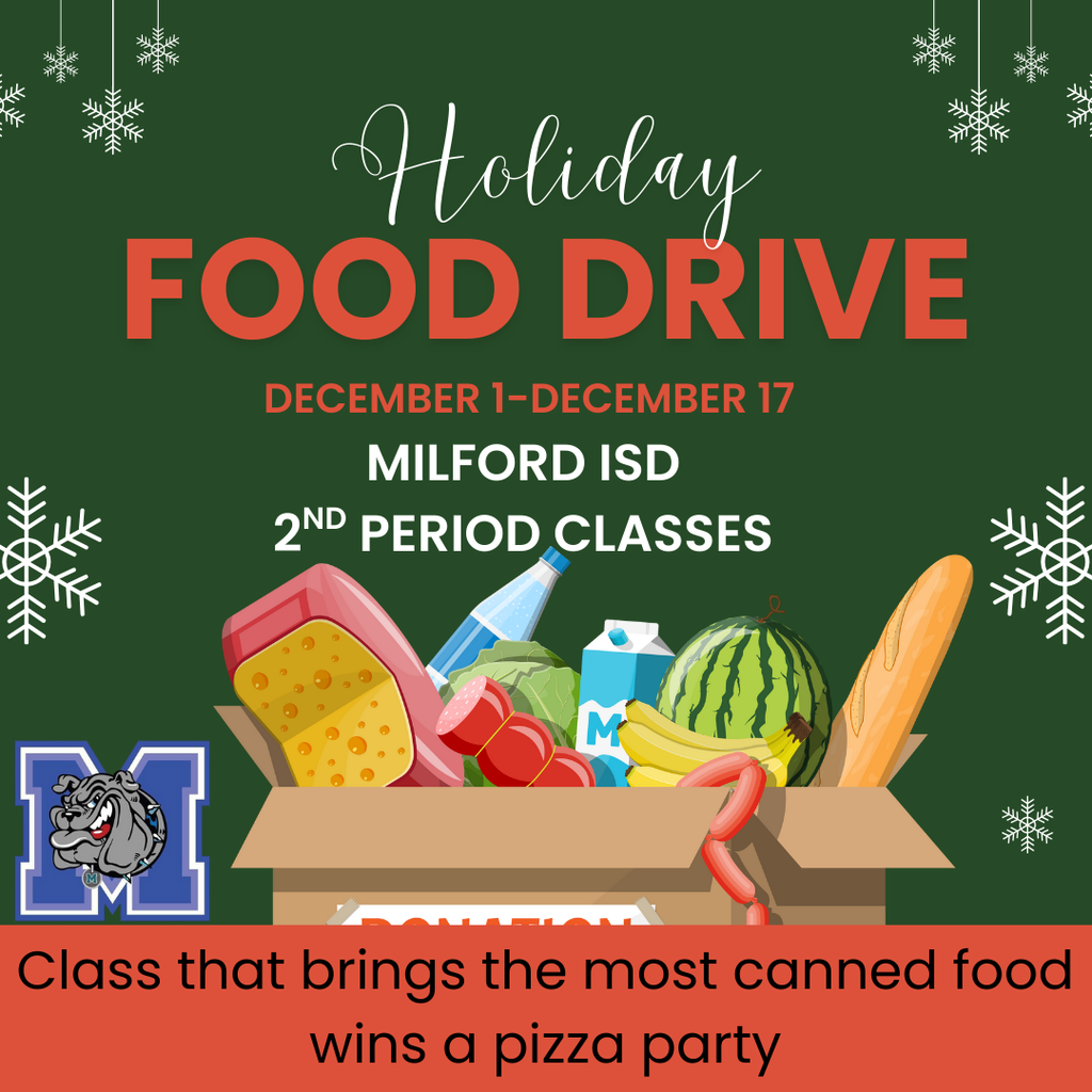 Bulldog families — we’ve got a FUN and FRIENDLY competition happening! 🐾🥫  Which 2nd-period class can collect the most canned food from now until December 17th?  Help your student bring in those cans and support a great cause! The class with the highest total will WIN A PIZZA PARTY! 🍕🎉  Let’s show what The Bulldog Way is all about! 💙