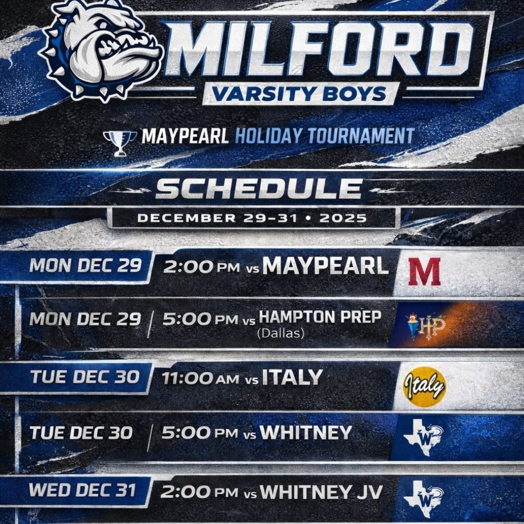 🎄🏀 Holiday Hoops Are Here! 🏀🎄
Our Varsity Boys are headed to the Maypearl Holiday Tournament
📆 December 29–31
Pack the gym, bring the noise, and show that Bulldog pride! 💙🐾
#TheBulldogWay #MilfordPride #HolidayHoops