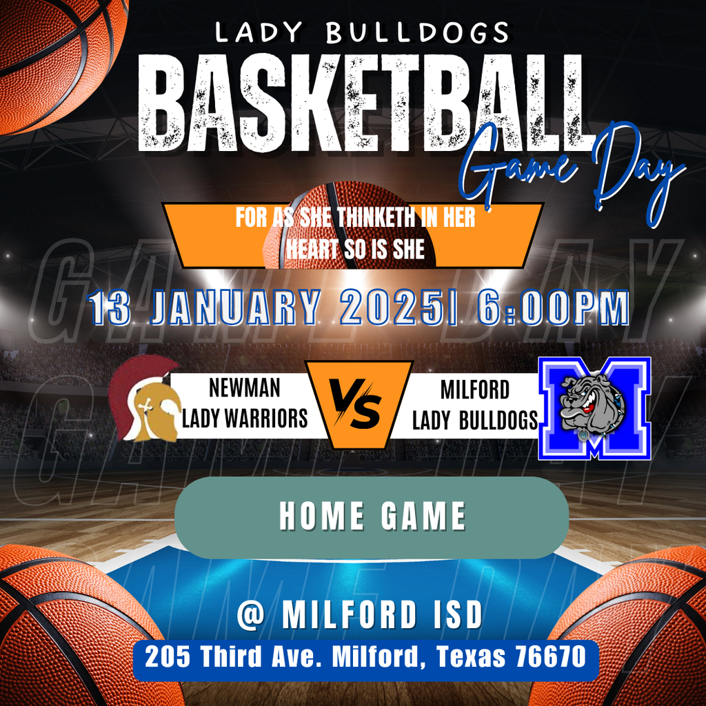 🏀 Varsity Lady Bulldogs Game Day! 🏀  Home Game  Tonight at 6:00 PM vs. Newman Academy  Boys Game are Away @ Strawn  Let’s pack the stands and cheer loud for our Lady Bulldogs! 💙🐾🔥