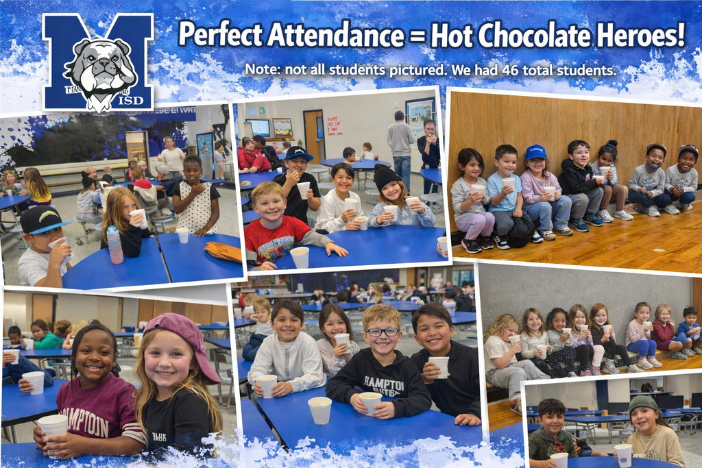 Perfect Attendance = Hot Chocolate Heroes! ☕🐾
46 Bulldogs showed up, showed out, and earned their December celebration!
(Not all students pictured, but ALL heroes recognized!) 💙🤍
#TheBulldogWay #PerfectAttendance #HotChocolateHeroes #MilfordISD