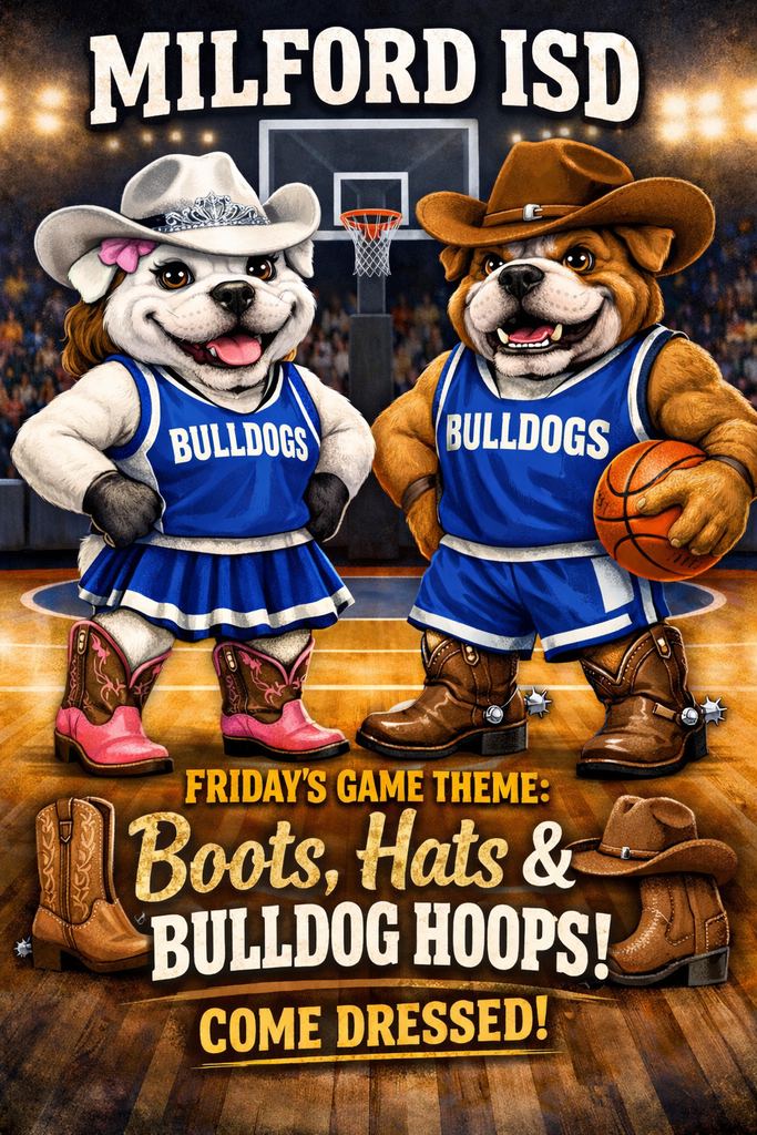 Boots, Hats & Bulldog Hoops is HERE! 🤠🏀 Break out your cowboy boots, grab your favorite hat, and rep that Bulldog Pride! This Friday, we’re turning the gym into a full-on Bulldog Rodeo on the Court 💙🤍 Come dressed and ready to cheer LOUD for our Bulldogs! #BulldogPride #MilfordISD #BootsHatsBulldogHoops #FridayNightHoops #RepTheRoyal 💥