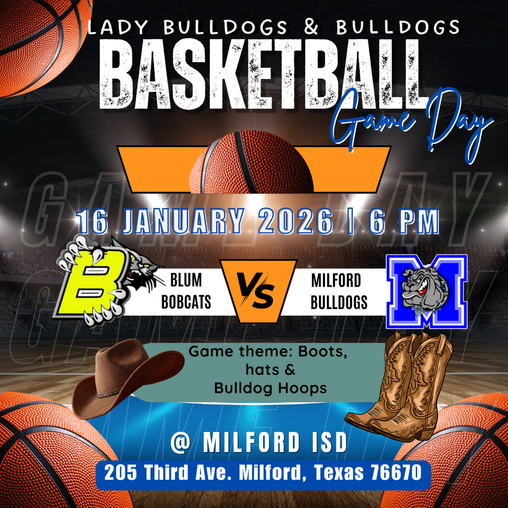 🔥 GAME DAY! 🔥 👢 Don't forget your boots & hats 🤠 Lady Bulldogs tip off at 6:00 PM Boys to follow VS. Blum 🏀 Bring the noise. Bring the pride. 💙🐾 Bulldog Nation, let’s roll!