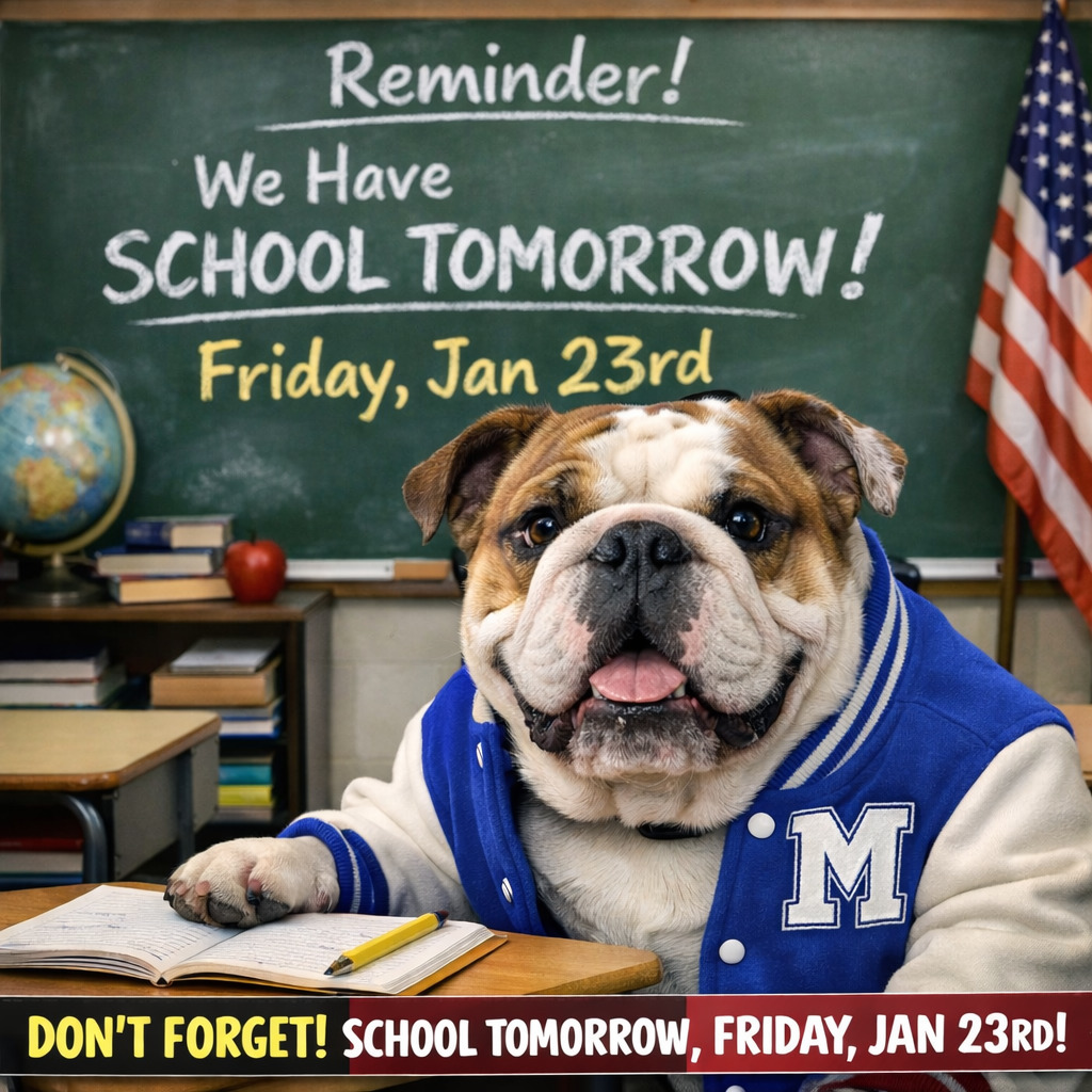 📚🐶 Bulldog reminder! We’ll see all our students bright and early — we HAVE school tomorrow, Friday, Jan 23rd! Set those alarms and bring the Bulldog energy! 💙🤍