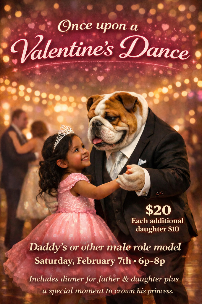 👑 It’s almost time to dance, dine, and crown some princesses! 👑
Grab your suits, sparkle up those dresses, and join us for the Father Daughter Dance
📅 Saturday, February 7th
⏰ 6P–8P
For Elementary girls PK–5th grade
$20 | +$10 per additional daughter
Dinner included + a special crowning moment for every princess ✨
Let’s make memories, Bulldog family!