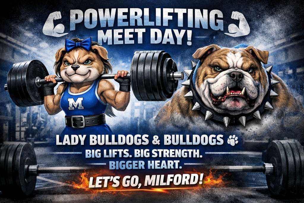 MEET DAY in Stephenville 💪 Lady Bulldogs 🐾 and Bulldogs 🐾 are hitting the platform TODAY! Strong minds. Strong bodies. Bulldog Strong. Let’s lift heavy and rep Milford with pride 💙🤍