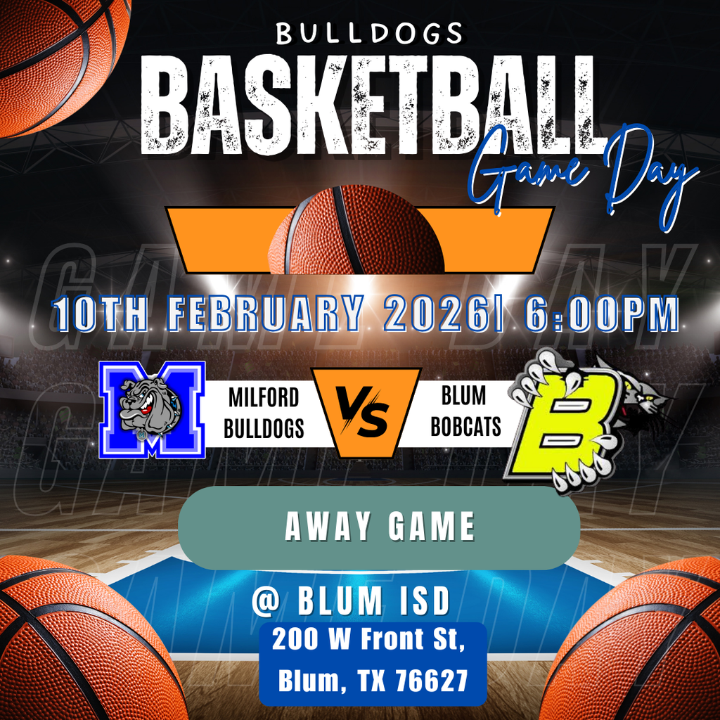 🏀 GAME DAY 🐾 Milford Bulldogs @ Blum ISD It’s time to hit the road and handle business!  Let’s bring the energy, the noise, and that Bulldog pride all the way there! 💙🤍 📍 Blum ISD  ⏰ Tip-off: 6P  🎟️ Let’s pack the stands and support our Dawgs! Road games hit different… but so do the Bulldogs. Let’s go, Milford! 🔥🐾 #BulldogPride #GameDay #TheBulldogWay