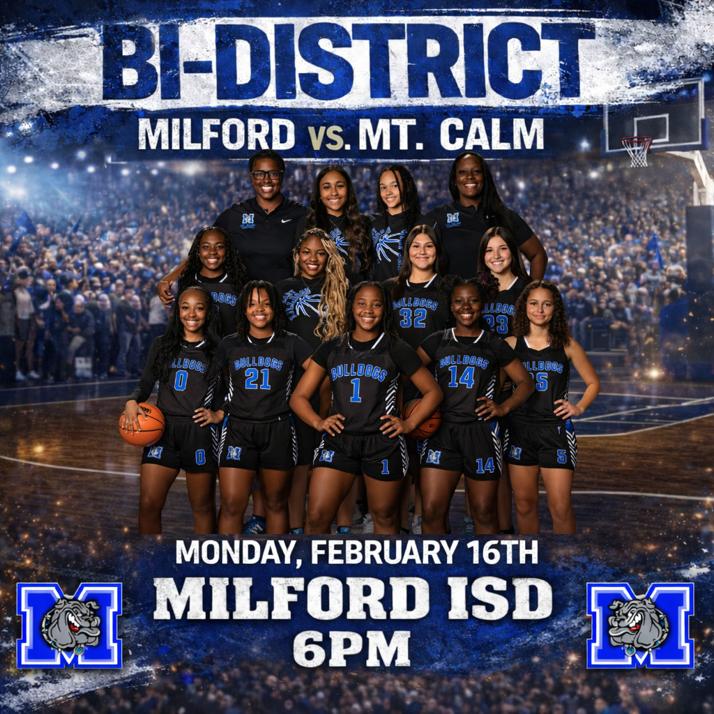 🏀 GAME DAY — BULLDOG NATION 🏀
GAME 1:
Lady Bulldogs Bi-District
🆚 Mt. Calm
🕕 6:00 PM
GAME 2:
Bulldogs District Championship
🆚 Avalon
⏱ Game to follow
📍 Both games at Milford ISD
Pack the gym. Be loud. Wear Blue & White.
Let’s go, Bulldogs! 💙🐾