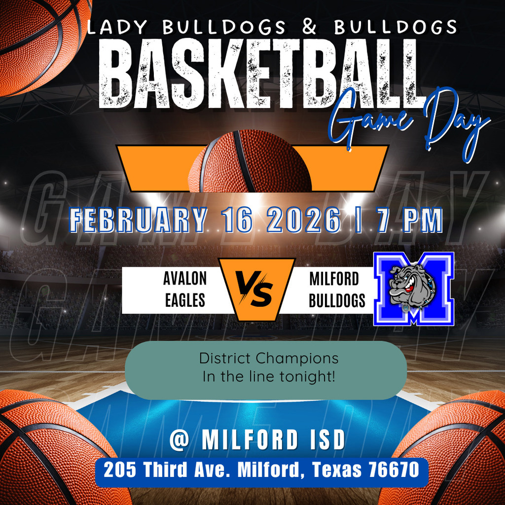 🏀 GAME DAY — BULLDOG NATION 🏀
GAME 1:
Lady Bulldogs Bi-District
🆚 Mt. Calm
🕕 6:00 PM
GAME 2:
Bulldogs District Championship
🆚 Avalon
⏱ Game to follow
📍 Both games at Milford ISD
Pack the gym. Be loud. Wear Blue & White.
Let’s go, Bulldogs! 💙🐾