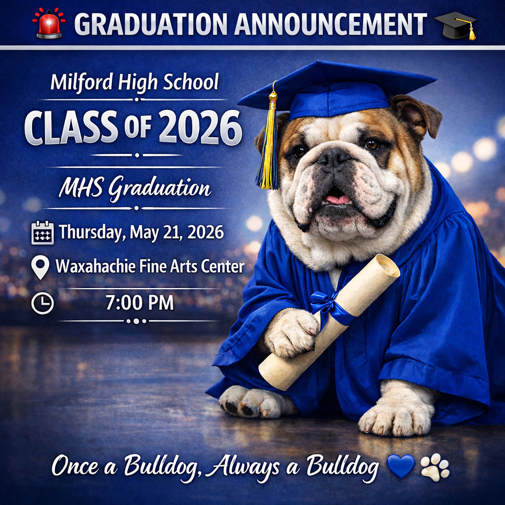 The tassels are almost ready to turn… 🎓
Graduation night for the MHS Class of 2026 is coming!
🗓 Thursday, May 21, 2026
📍 Waxahachie Fine Arts Center
⏰ 7PM
Save the date and get ready to celebrate our seniors the Bulldog Way! 💙