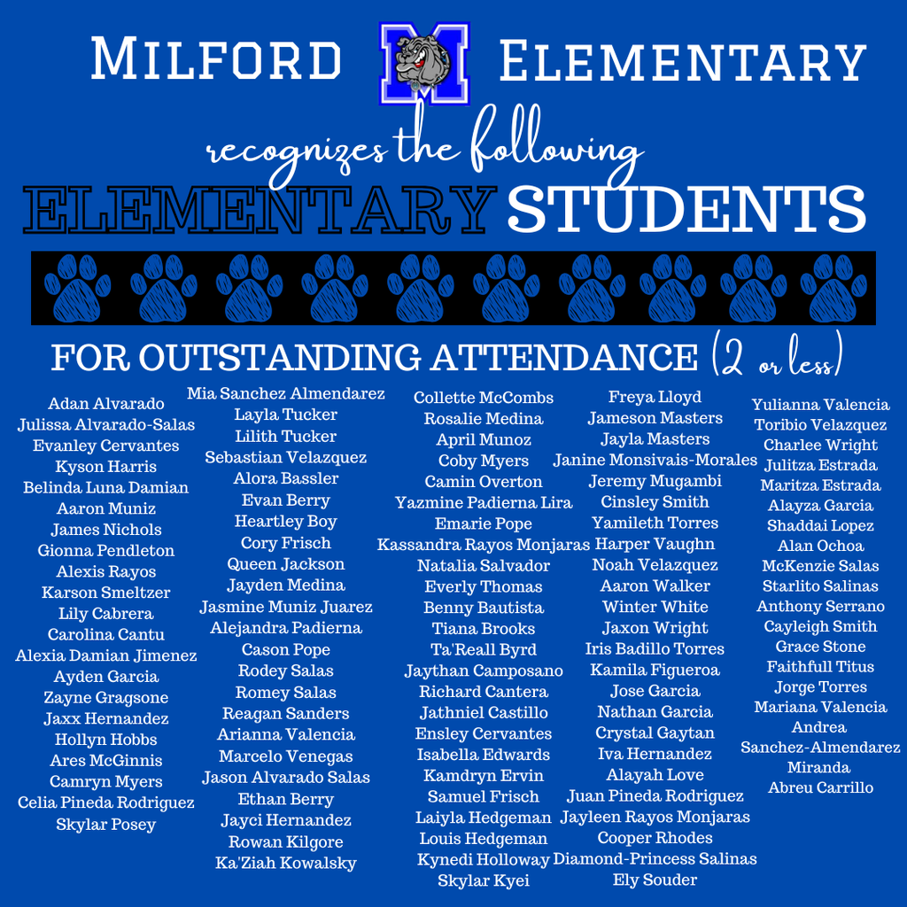 Bulldog Proud! Our Elementary students crushed attendance for the 3rd 6 weeks.  Showing up = leveling up! 💙📚🐾 #MilfordBulldogs #TheBulldogWay