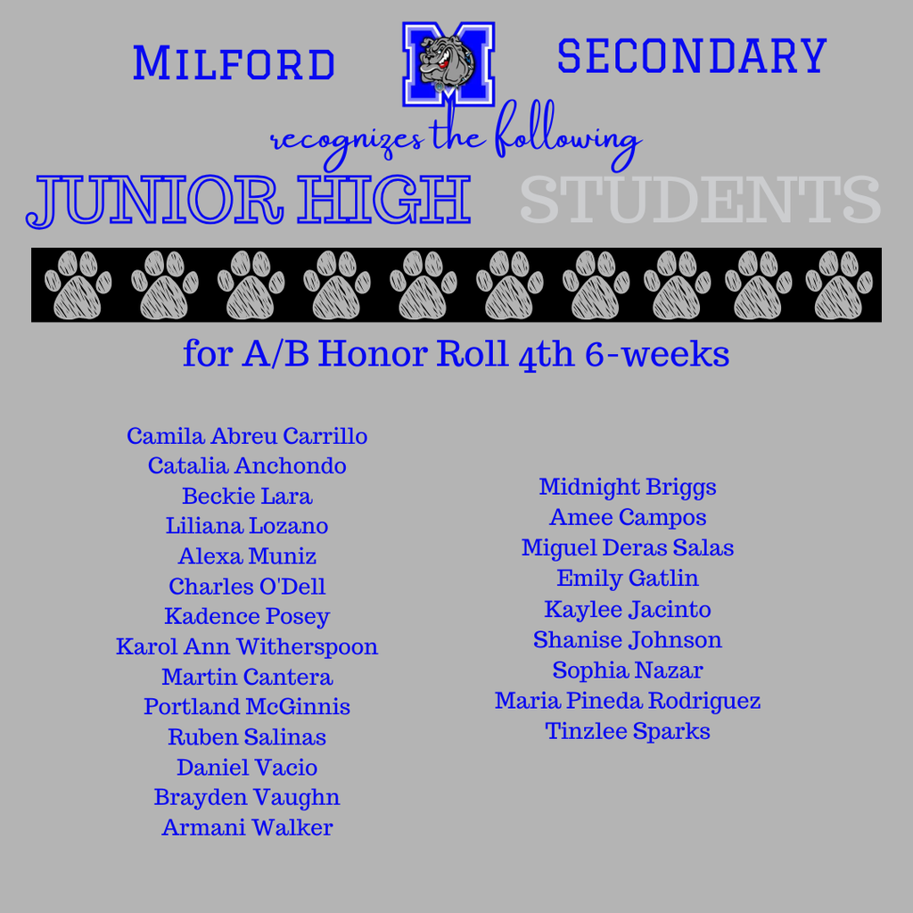 Bulldog Excellence on display! Congratulations to all our Secondary students who achieved A & A/B Honor Roll for the 4th 6 weeks.  We’re so proud of your effort, dedication, and success! 💙🐾
