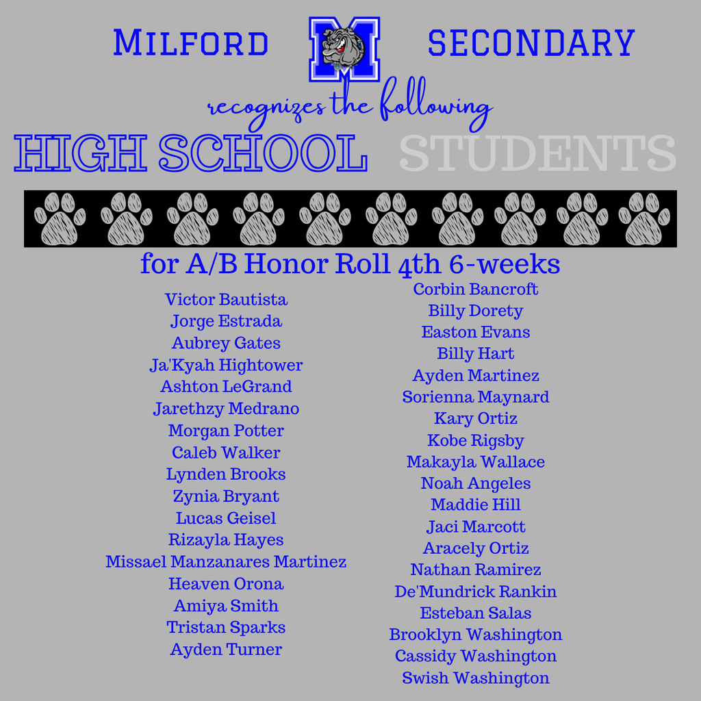 Bulldog Excellence on display! Congratulations to all our Secondary students who achieved A & A/B Honor Roll for the 4th 6 weeks.  We’re so proud of your effort, dedication, and success! 💙🐾