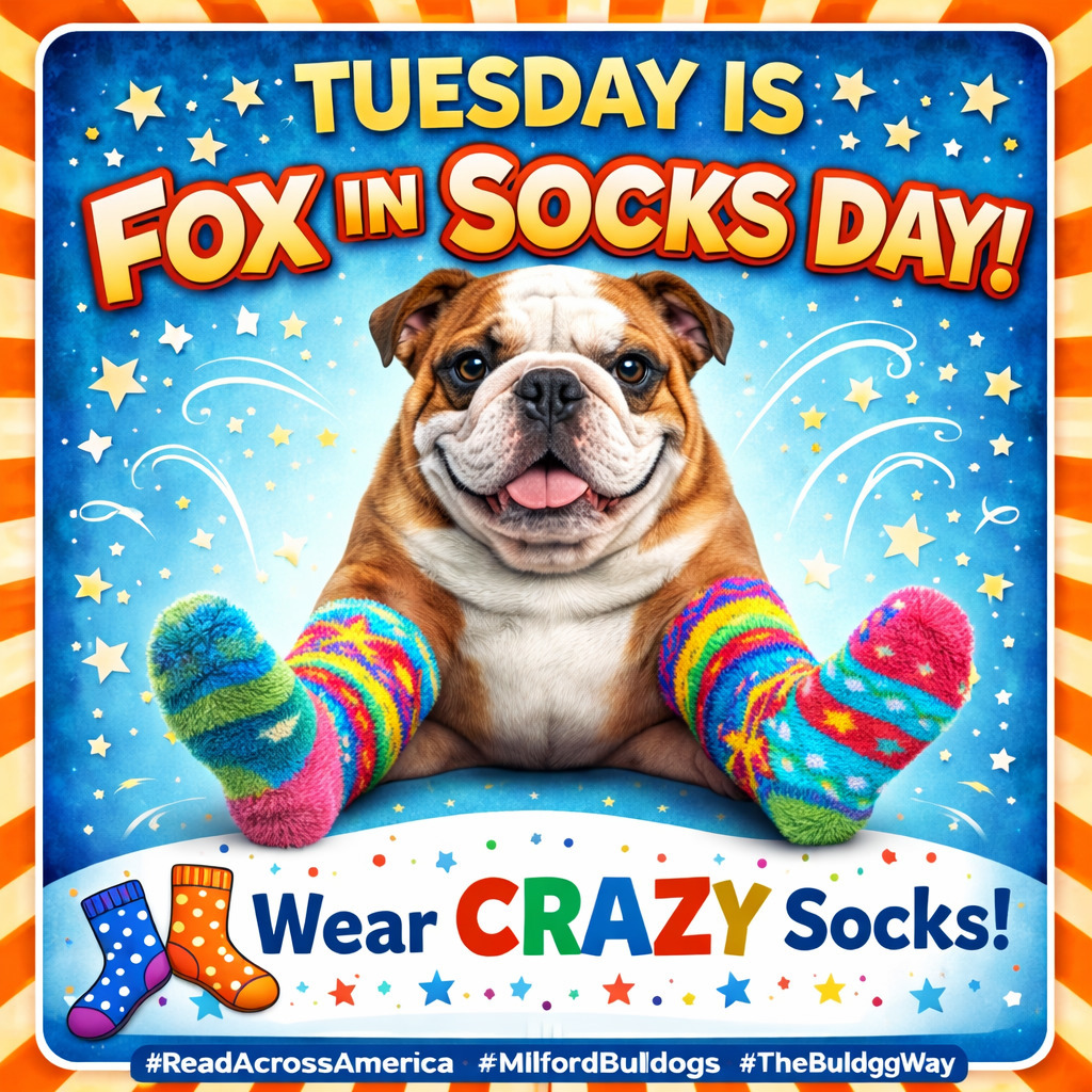 🦊🧦 Tuesday is Fox in Socks Day!
Pull out those CRAZY socks, mismatched socks, tall socks, fuzzy socks — the crazier the better!
Let’s see who can rock the wildest pair in Bulldog Nation! 🐾🔥
#ReadAcrossAmerica
#MilfordBulldogs
#TheBulldogWay