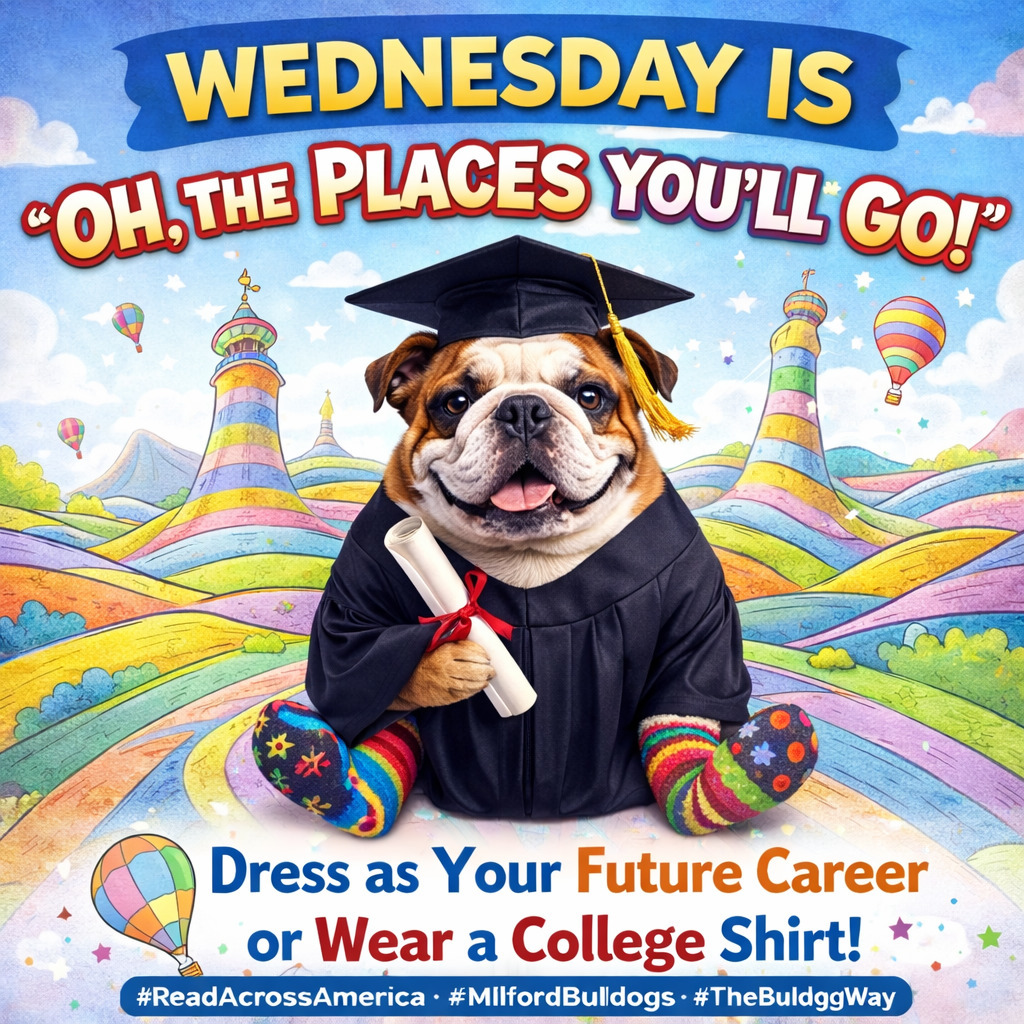🌎🎓 Wednesday is “Oh, The Places You’ll Go!” Day!
Dream BIG, Bulldogs!
Dress as your future career 👩⚕️👨🚒👩🏫👨🔬
OR wear your favorite college shirt and show us where you’re headed! 🎓
Your future is bright — and we can’t wait to see all the amazing places you’ll go! 💙🐾
#ReadAcrossAmerica
#MilfordBulldogs
#TheBulldogWay