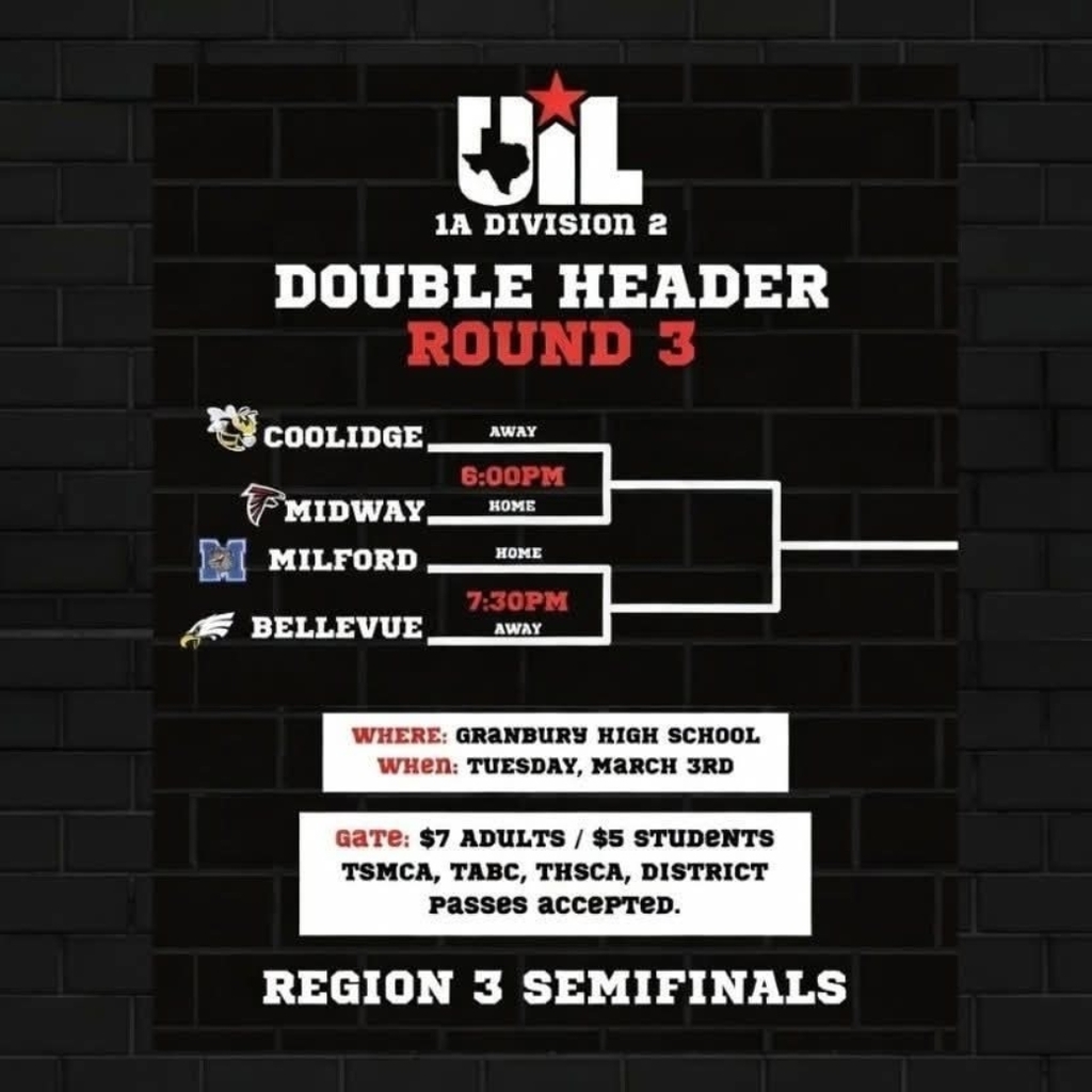 It’s time, Bulldog Nation. 💙
We’re headed to the Region 3 Semifinals for a HUGE double header night!
📅 Tuesday, March 3rd
📍 Granbury
🕕 6:00 PM — Coolidge (Away) vs Midway (Home)
🕢 7:30 PM — Bellevue (Away) vs Milford (Home)
💵 Gate: $7 Adults / $5 Students
🎟 TSMCA, TABC, THSCA, District passes accepted
Seating:
• Bellevue & Midway — same side of the arena
• Milford & Coolidge — same side
(Signage will be posted.)
🖤🖤 Coach Turner wants this to be a BLACK OUT GAME! 🖤🖤
ALL Milford fans — wear BLACK and pack the stands!
Let’s be loud.
Let’s be proud.
Let’s show Region 3 how Bulldog Nation travels. 🐾🔥
#MilfordBulldogs #Region3Semifinals #BlackOutGame #TheBulldogWay