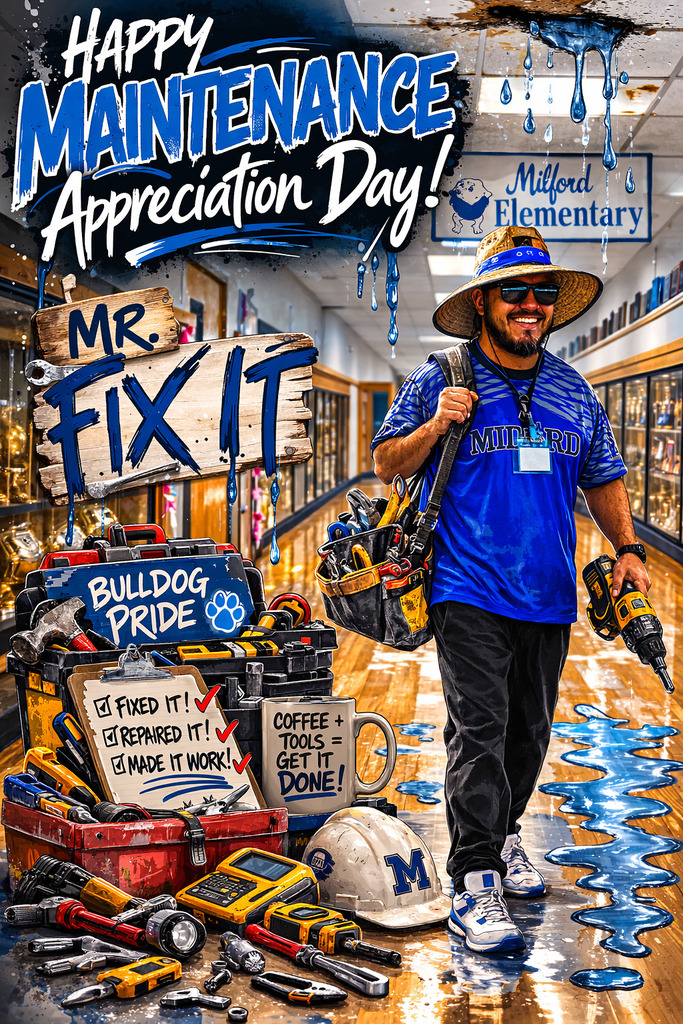 🔧💙 Happy Maintenance Appreciation Day!
Today we celebrate the man who keeps Milford running behind the scenes. From fixing leaks and repairs to making sure our campus is safe and ready each day, we are incredibly thankful for everything he does for our students and staff.
Thank you for being our “Mr. Fix It” and for always taking care of Bulldog Nation! 🐾
#MilfordBulldogs #TheBulldogWay #MaintenanceAppreciationDay #BulldogPride