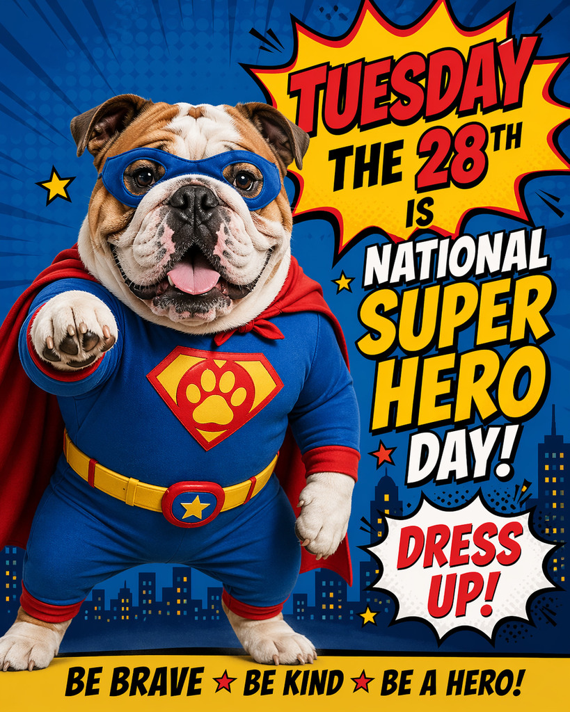 Tuesday, April 28th is National Superhero Day! 🦸‍♂️🦸‍♀️
Calling all Bulldogs — suit up and show off your superhero style! 💥
Dress up as your favorite superhero and help us celebrate a fun day full of courage, kindness, and school spirit. 🐾💙
We can’t wait to see all of our superhero Bulldogs saving the day!
#NationalSuperheroDay #BulldogNation #TheBulldogWay #DressUpDay