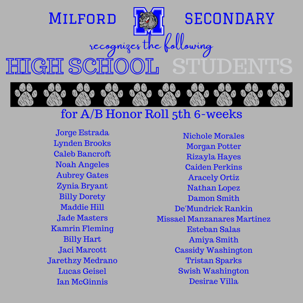 Bulldog Excellence on display! Congratulations to all our Secondary students who achieved A & A/B Honor Roll for the 5th 6 weeks.  We’re so proud of your effort, dedication, and success! 💙🐾