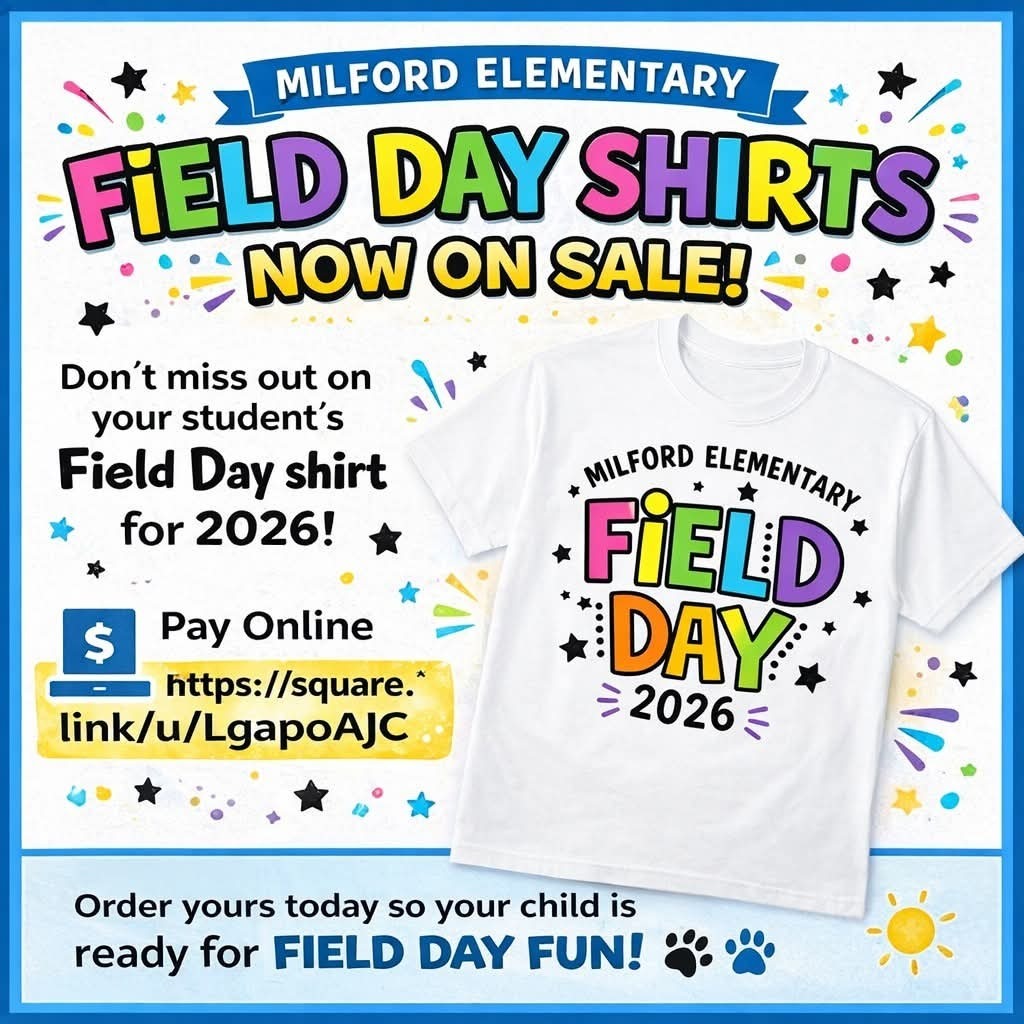 Field Day shirts are officially ON SALE! 🎉
Don’t miss out — tomorrow morning is the deadline to order!
Make sure your student is geared up and ready to represent Milford Elementary in style! 🐾💙
👉 Order now: https://square.link/u/LgapoAJC⁠�
⏰ Deadline: Tomorrow Morning – Tuesday, April 28th
#TheBulldogWay #FieldDayReady