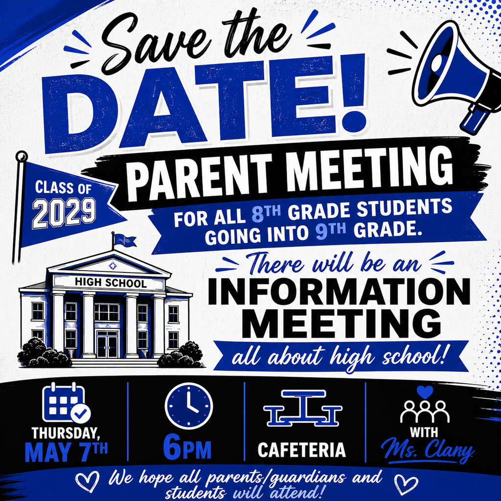 📣 Save the Date! 📣
Attention all current 8th grade students and parents/guardians — it’s time to start preparing for high school! 🎓
Join us for an informational meeting all about what to expect as students transition into 9th grade.
🗓 Thursday, May 7th
⏰ 6:00 PM
📍 Cafeteria
👩‍🏫 With Ms. Clary
We hope all parents/guardians and students will attend for this important night of information and planning for the future! 💙
#TheBulldogWay #ClassOf2029 #FutureBulldogs #MilfordISD