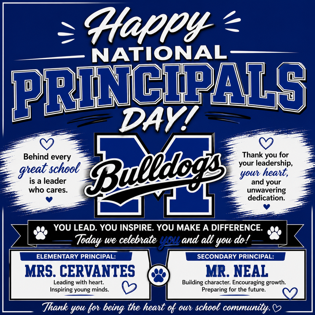 Today we celebrate the incredible leaders who help guide our schools each and every day. 💙🐾
Happy National Principals Day to our amazing principals — Mrs. Cervantes and Mr. Neal! Thank you for your leadership, dedication, heart, and the positive impact you make on our students, staff, and Bulldog community.
Your hard work does not go unnoticed, and we are grateful for all you do to make Milford ISD a special place to learn and grow.
#NationalPrincipalsDay #TheBulldogWay #MilfordISD #BulldogPride