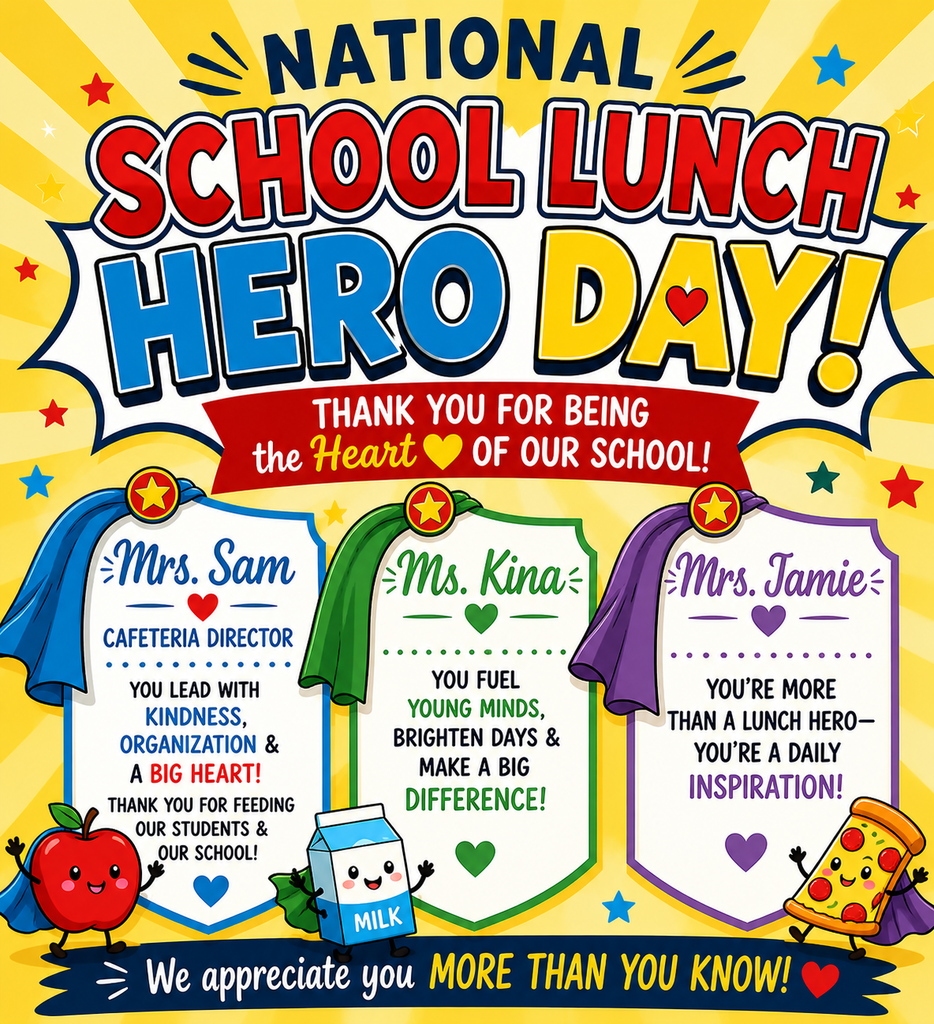Today we celebrate the heroes behind the trays, smiles, and warm meals! 🍎🥛🍕
Happy National School Lunch Hero Day to our amazing cafeteria team — Mrs. Sam, Ms. Kina, and Mrs. Jamie! Thank you for feeding our students, brightening their days, and serving our school with kindness and care each and every day.
Your hard work never goes unnoticed, and we are so thankful for all you do for our Bulldog family! 💙🐾
#SchoolLunchHeroDay #ThankYouLunchHeroes #TheBulldogWay #BulldogNation
