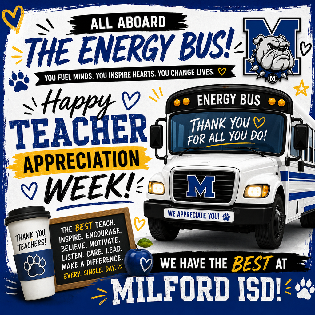 This week we celebrate the incredible people who pour their hearts into our students every single day. From the early mornings to the late nights, the encouragement, support, and love they give does not go unnoticed.
If you see a Milford ISD teacher or staff member this week, help us celebrate them and let them know how appreciated they are! 🚌✨
#TeacherAppreciationWeek #TheBulldogWay #MilfordISD