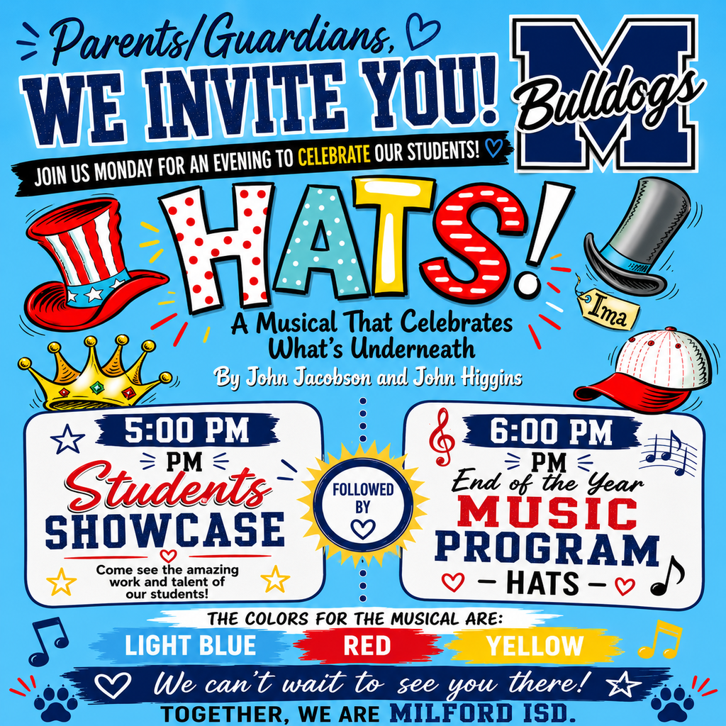 🎩✨ It’s almost showtime, Bulldogs! ✨🎩
Join us Monday night for an evening full of talent, music, and Bulldog pride! 💙
⭐️ 5PM — Student Showcase
🎶 6PM — End of the Year Music Program: HATS!
Get ready for a fun performance full of light blue, red, and yellow colors, catchy songs, and lots of smiles! ❤️💛🩵
Our students have worked SO hard, and we can’t wait for everyone to see them shine! 🐾
#TheBulldogWay #MilfordISD
