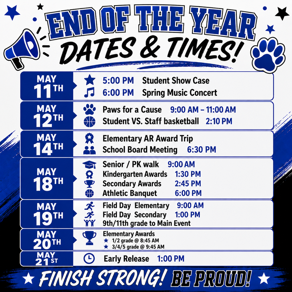 📣🐾 Bulldog Families — the countdown to summer is ON and we’ve packed the next two weeks FULL of fun, celebrations, awards, and memories! 🎉💙🖤  Make sure you save these important END OF THE YEAR dates & times so you don’t miss a thing! From concerts 🎶 and Field Day ☀️ to awards ceremonies 🏆 and the Senior/PK Walk 🎓… we are wrapping up the year the Bulldog Way!  📅 Highlights include: ✨ Student Showcase & Spring Concert ✨ Paws for a Cause ✨ Student vs. Staff Basketball Game ✨ Senior / PK Walk ✨ Field Day ✨ Elementary & Secondary Awards ✨ Early Release on the last day!  We can’t wait to celebrate all of our students and finish the year STRONG! 💪🐾 #TheBulldogWay #BulldogNation #FinishStrong #EndOfYearFun