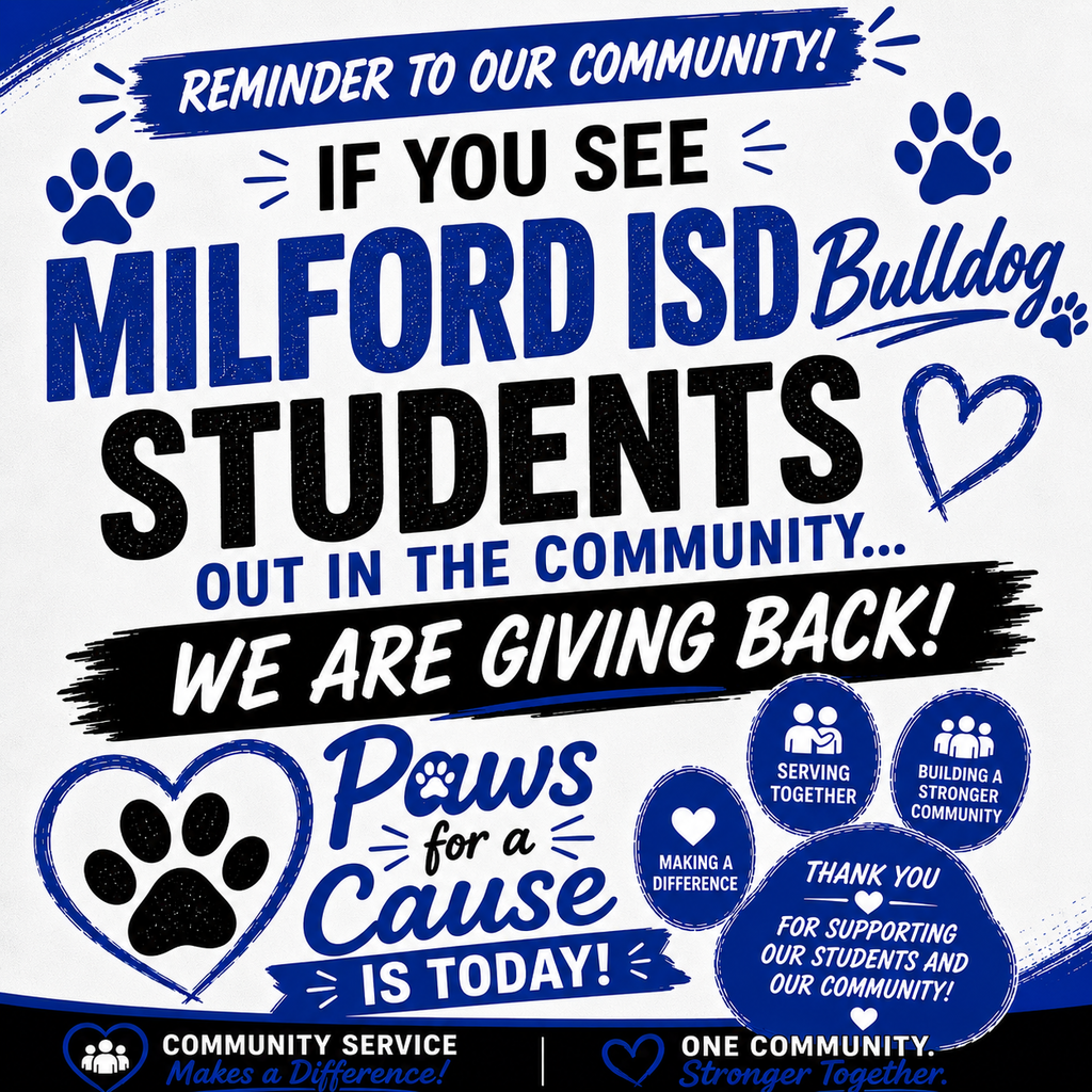 Today our Bulldogs are out in the community making a difference! 💙🐾
If you see Milford ISD students around town during our Paws for a Cause community service day, know they are working hard to give back, serve others, and show what Bulldog Nation is all about.
Thank you to our community for always supporting our students as we work together to make Milford stronger — one act of kindness at a time. #TheBulldogWay #PawsForACause #BulldogNation #CommunityService