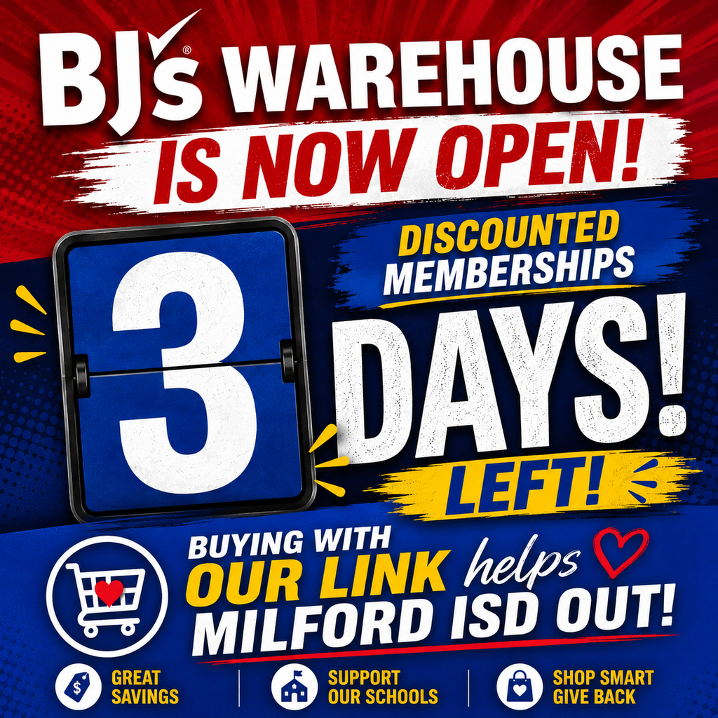 ONLY 3 DAYS LEFT OF THE FUNDRAISER!!

Deadline 5/17/2026 - The $15 deal is not available in-store.  Join now!

 

JOIN NOW – Save on your membership and help support Milford ISD by May 17th, 2026

💥CLUB CARD – Only $15  (Normally $60) BJ’s will donate $5 from each membership You cannot get the $15 deal in-store

💥CLUB PLUS CARD – Only $50 (Normally $120) BJ’s will donate $15 from each membership

PLUS, both memberships include additional gas savings for the first 6 months! 

  Join Online -  www.bjs.com/partner/milfordindependentschooldistrict

 
Other Options to Join/Existing Members …

  Call: 1800-313-8887 and reference promo code 830144

  Hours of Operation: Monday – Friday from 9am to 6pm EST
 

