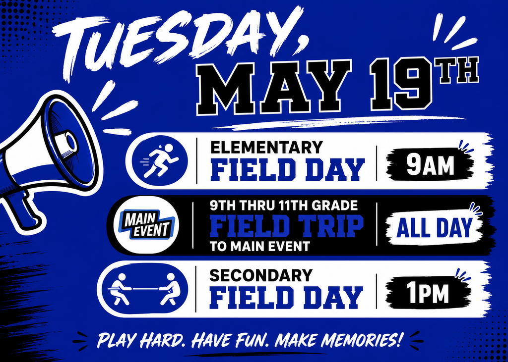 🚨 Reminder for Tomorrow’s Schedule 🚨
💙 Elementary Field Day – 9AM
💙 9th–11th Grade Field Trip to Main Event – All Day
💙 Secondary Field Day – 1PM
Let’s finish the year strong and make some fun memories, Bulldogs! 🐾 #TheBulldogWay #BulldogNation